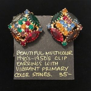 Vtg 1940’s-1950’s Colorful Rhinestone Earrings